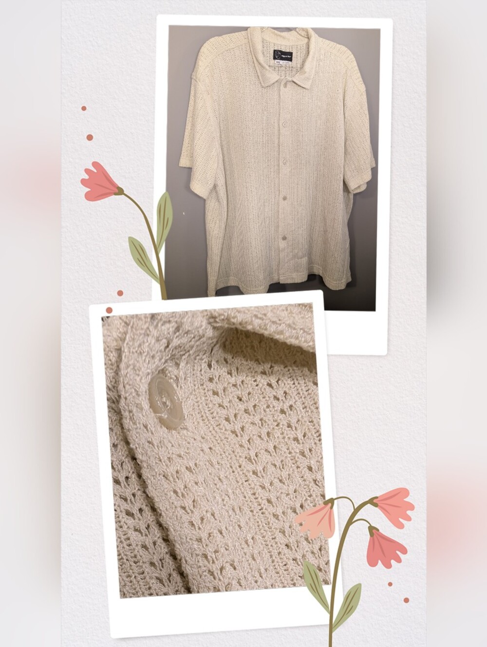 Original Use Open-Knit Short Sleeve Button Cardigan, Cream, NWT, Size XXL Men's